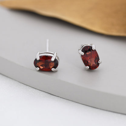 Genuine Garnet Crystal Stud Earrings in Sterling Silver, Natural Red Garnet Oval Earrings, January Birthstone