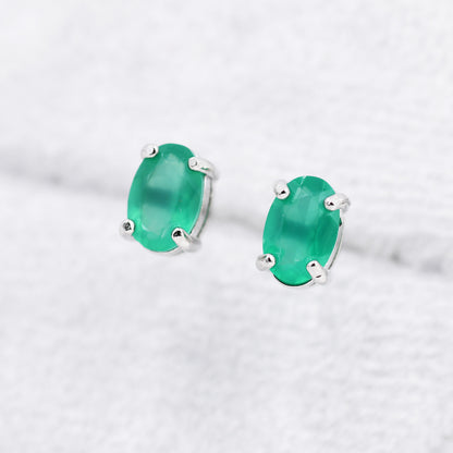 Genuine Green Onyx Crystal Stud Earrings in Sterling Silver, Natural Green Onyx Oval Stud Earrings,