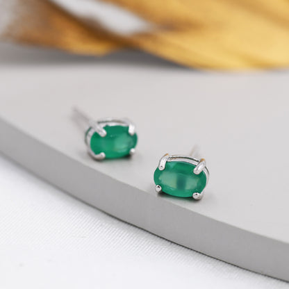 Genuine Green Onyx Crystal Stud Earrings in Sterling Silver, Natural Green Onyx Oval Stud Earrings,