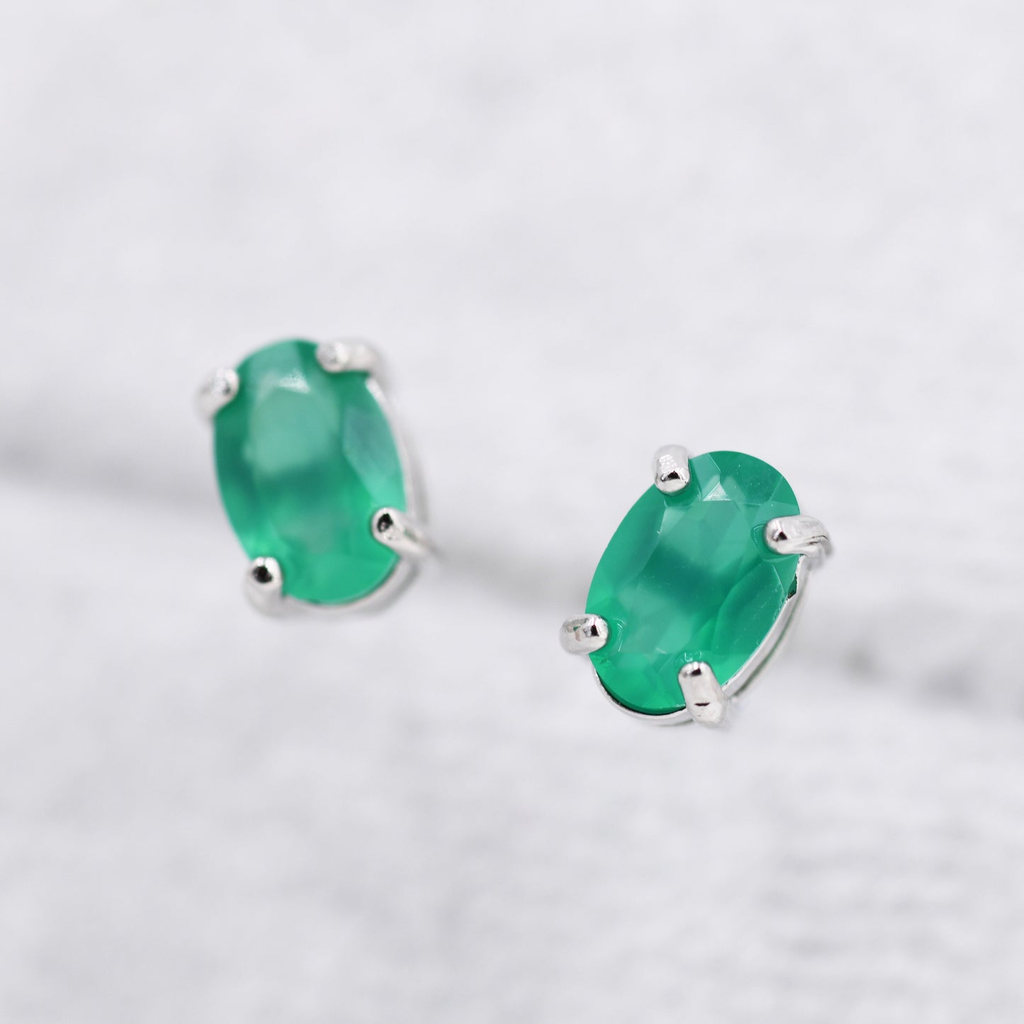 Genuine Green Onyx Crystal Stud Earrings in Sterling Silver, Natural Green Onyx Oval Stud Earrings,