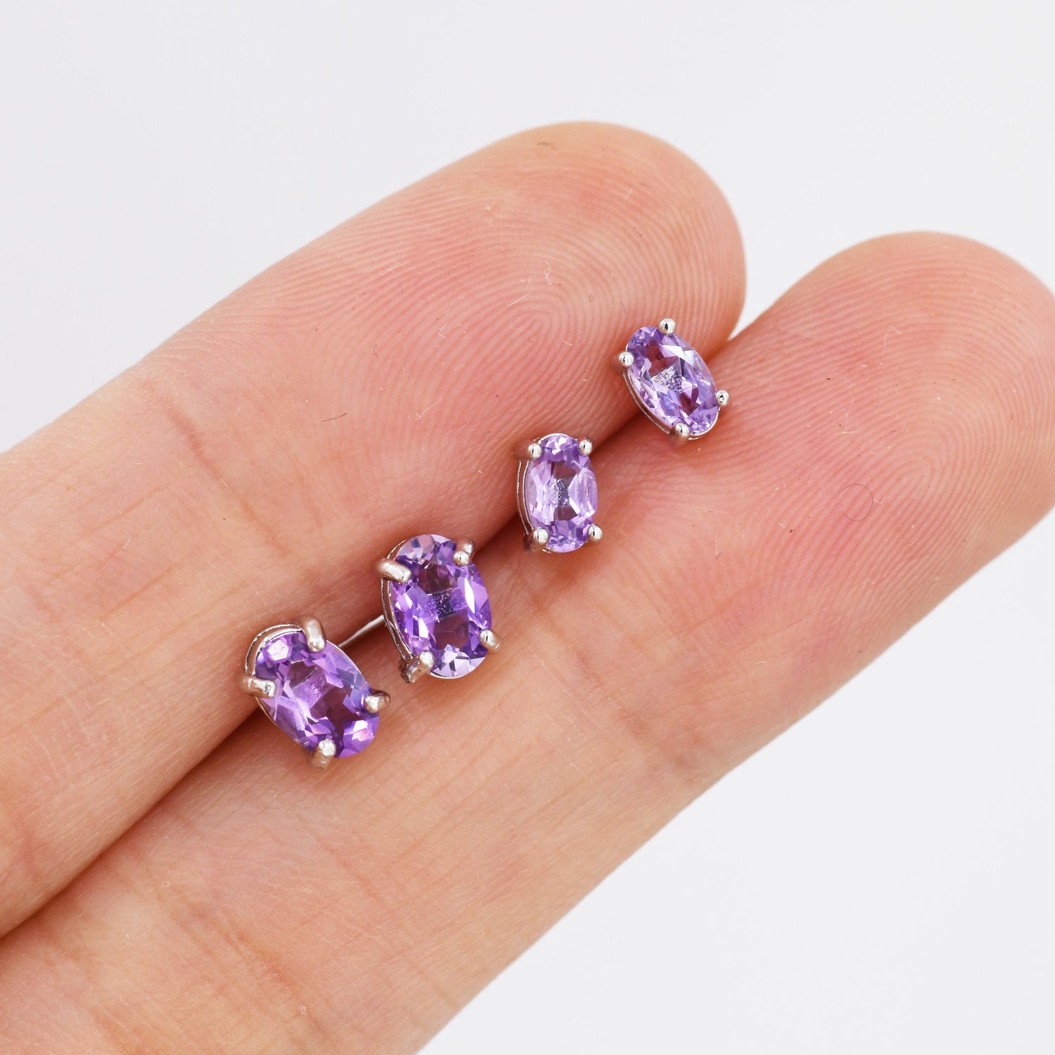 Genuine Amethyst Crystal Stud Earrings in Sterling Silver, Natural Purple Amethyst Oval Stud Earrings, February Birthstone