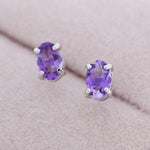 Genuine Amethyst Crystal Stud Earrings in Sterling Silver, Natural Purple Amethyst Oval Stud Earrings, February Birthstone