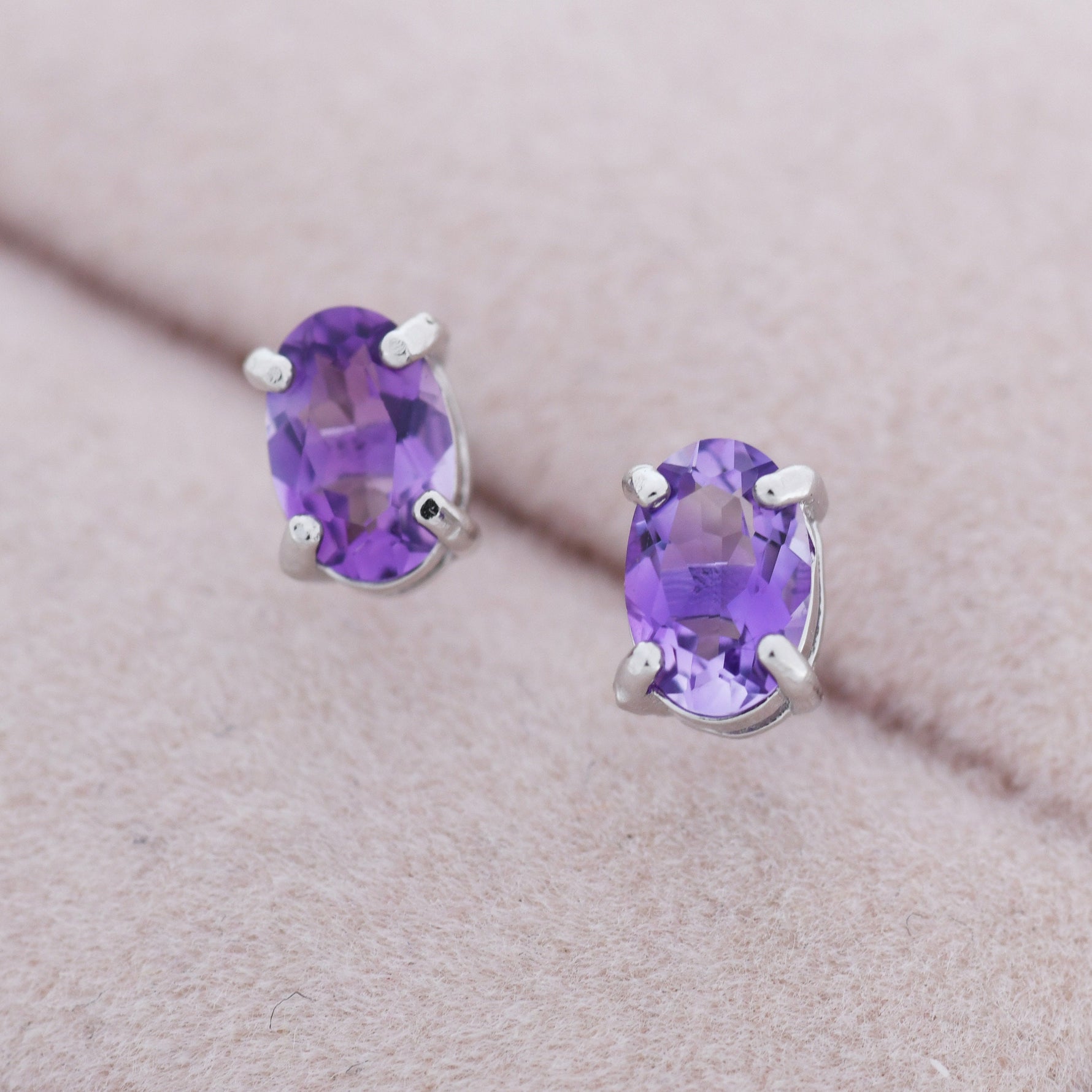 Genuine Amethyst Crystal Stud Earrings in Sterling Silver, Natural Purple Amethyst Oval Stud Earrings, February Birthstone