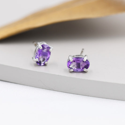 Genuine Amethyst Crystal Stud Earrings in Sterling Silver, Natural Purple Amethyst Oval Stud Earrings, February Birthstone