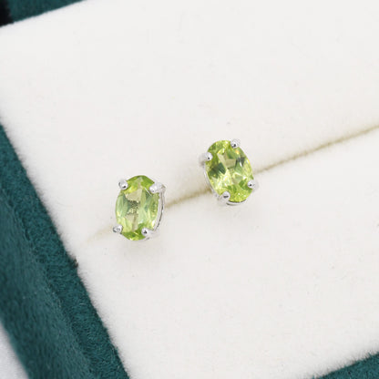 Genuine Green Peridot Crystal Stud Earrings in Sterling Silver, Natural Green Peridot Oval Stud Earrings, August Birthstone