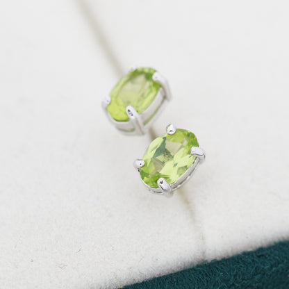 Genuine Green Peridot Crystal Stud Earrings in Sterling Silver, Natural Green Peridot Oval Stud Earrings, August Birthstone