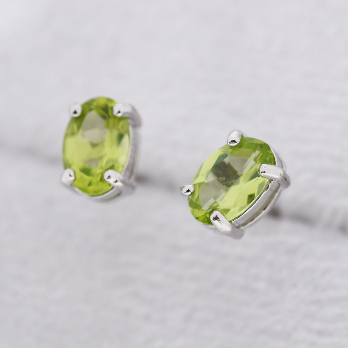 Genuine Green Peridot Crystal Stud Earrings in Sterling Silver, Natural Green Peridot Oval Stud Earrings, August Birthstone