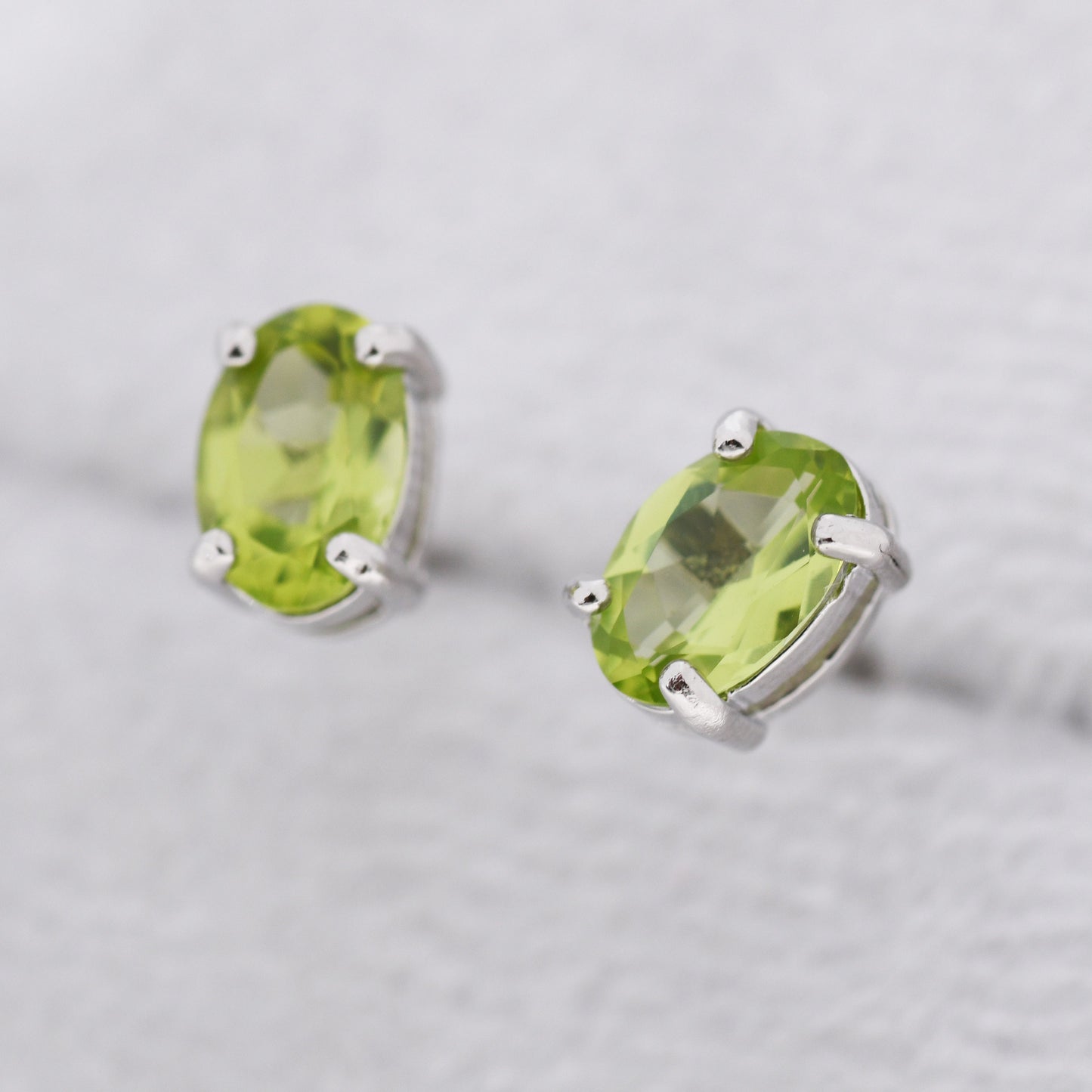 Genuine Green Peridot Crystal Stud Earrings in Sterling Silver, Natural Green Peridot Oval Stud Earrings, August Birthstone