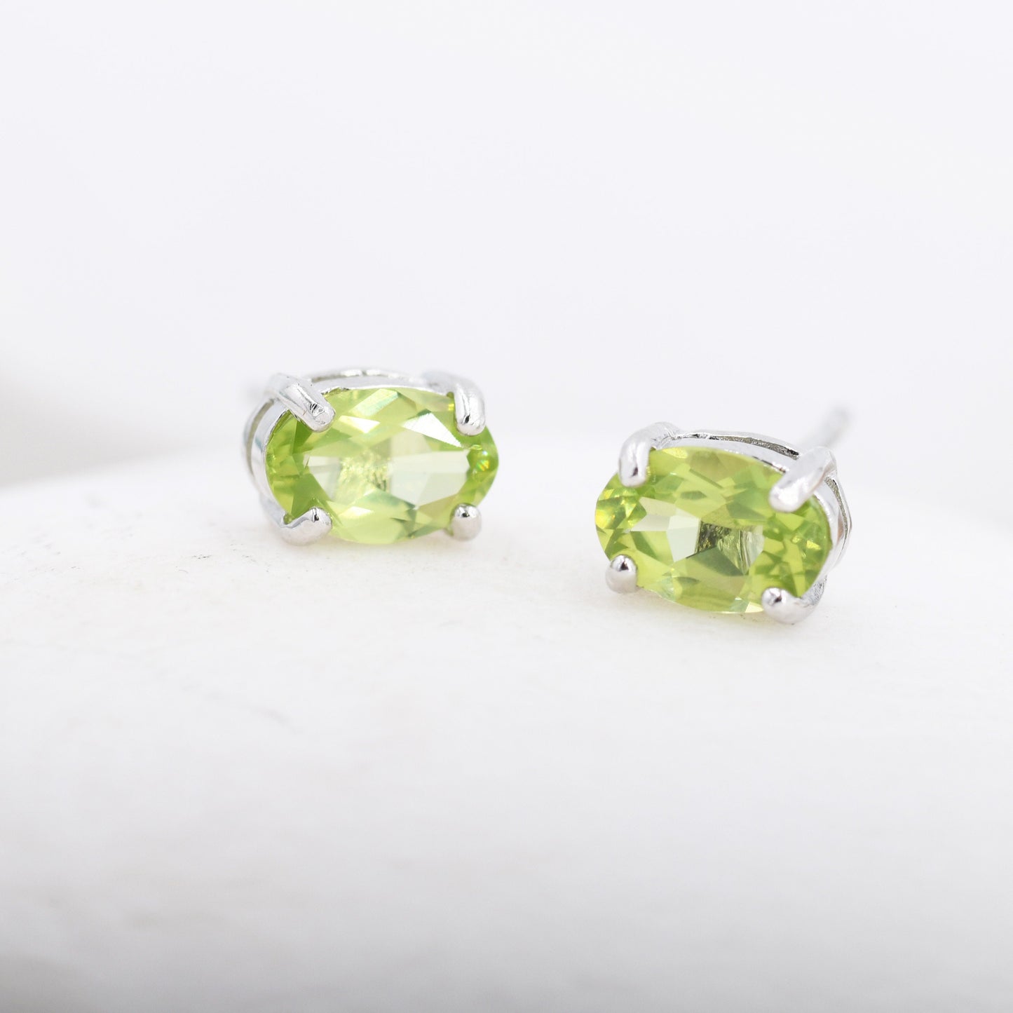 Genuine Green Peridot Crystal Stud Earrings in Sterling Silver, Natural Green Peridot Oval Stud Earrings, August Birthstone