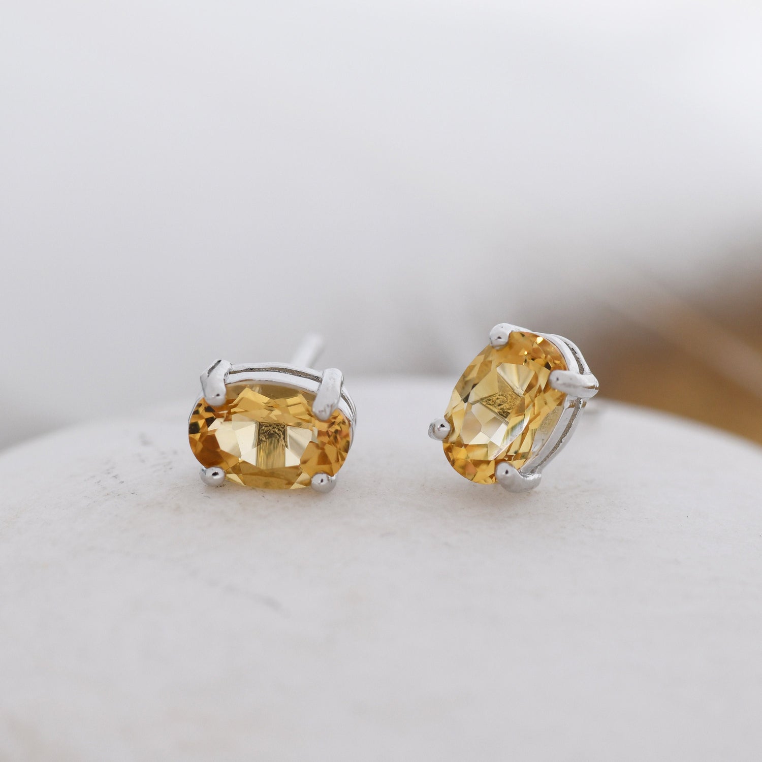 Genuine Citrine Crystal Stud Earrings in Sterling Silver, Natural Yellow Citrine Oval Stud Earrings, November Birthstone