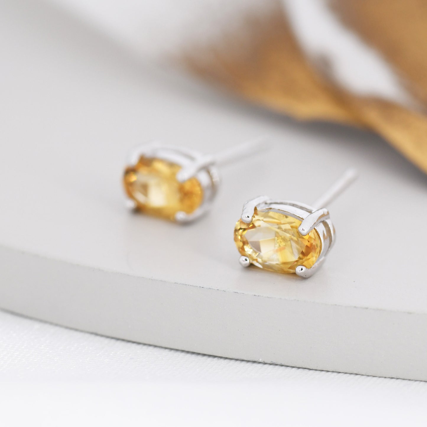 Genuine Citrine Crystal Stud Earrings in Sterling Silver, Natural Yellow Citrine Oval Stud Earrings, November Birthstone