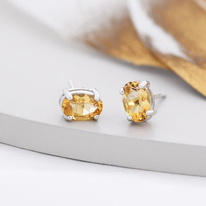 Genuine Citrine Crystal Stud Earrings in Sterling Silver, Natural Yellow Citrine Oval Stud Earrings, November Birthstone