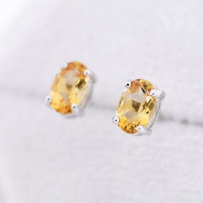 Genuine Citrine Crystal Stud Earrings in Sterling Silver, Natural Yellow Citrine Oval Stud Earrings, November Birthstone