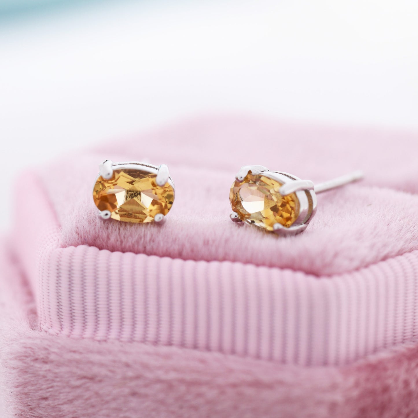 Genuine Citrine Crystal Stud Earrings in Sterling Silver, Natural Yellow Citrine Oval Stud Earrings, November Birthstone