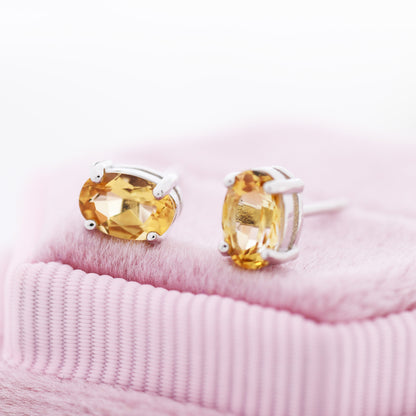 Genuine Citrine Crystal Stud Earrings in Sterling Silver, Natural Yellow Citrine Oval Stud Earrings, November Birthstone