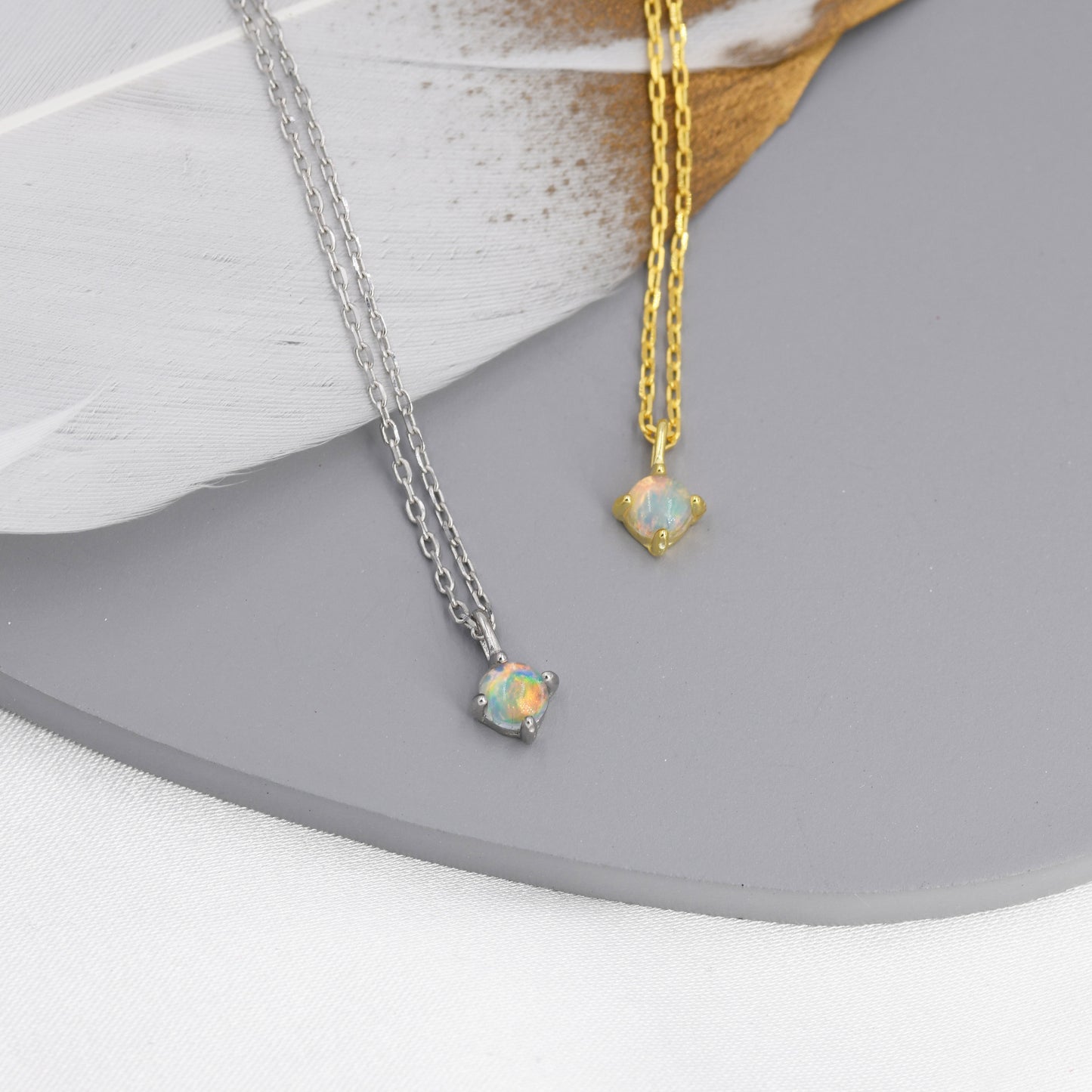 Extra Tiny Opal Pendant Necklace in Sterling Silver, Lab Created Opal Necklace, Silver or Gold, October Birthstone, Tiny Opal Necklace