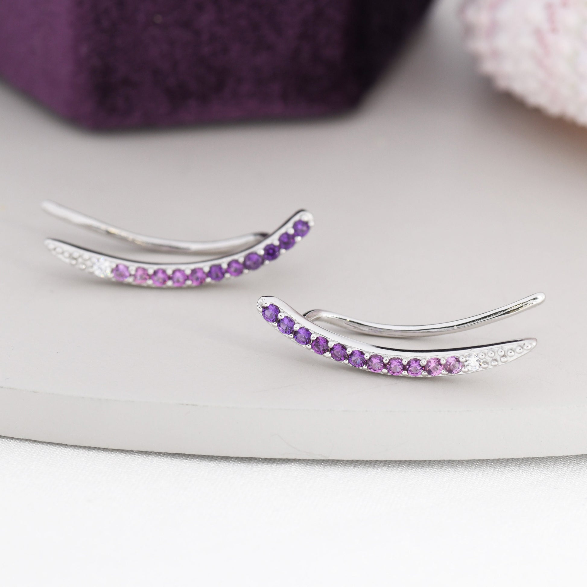 Ombre Amethyst Purple CZ Crawler Earrings in Sterling Silver, Silver or Gold, Gradient Colour Ear Crawlers, February Birthstone Ear Climbers