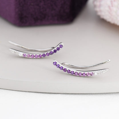Ombre Amethyst Purple CZ Crawler Earrings in Sterling Silver, Silver or Gold, Gradient Colour Ear Crawlers, February Birthstone Ear Climbers