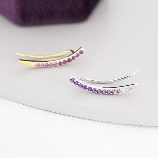 Ombre Amethyst Purple CZ Crawler Earrings in Sterling Silver, Silver or Gold, Gradient Colour Ear Crawlers, February Birthstone Ear Climbers