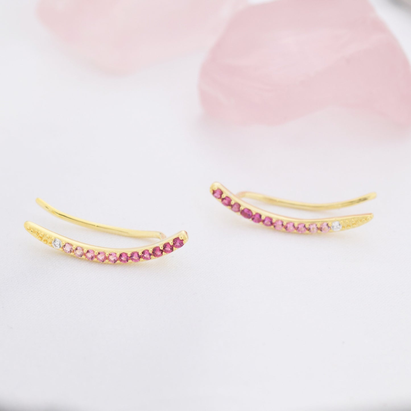 Ombre Ruby Pink CZ Crawler Earrings in Sterling Silver, Silver or Gold, Gradient Colour Ear Crawlers, July Birthstone Ear Climbers