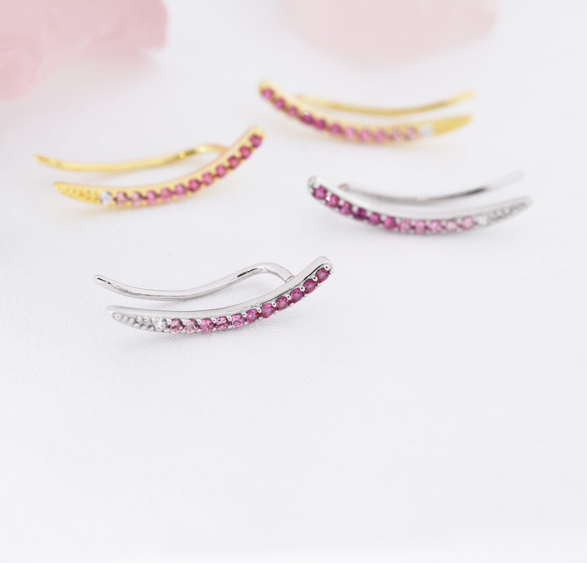 Ombre Ruby Pink CZ Crawler Earrings in Sterling Silver, Silver or Gold, Gradient Colour Ear Crawlers, July Birthstone Ear Climbers