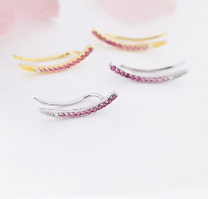 Ombre Ruby Pink CZ Crawler Earrings in Sterling Silver, Silver or Gold, Gradient Colour Ear Crawlers, July Birthstone Ear Climbers