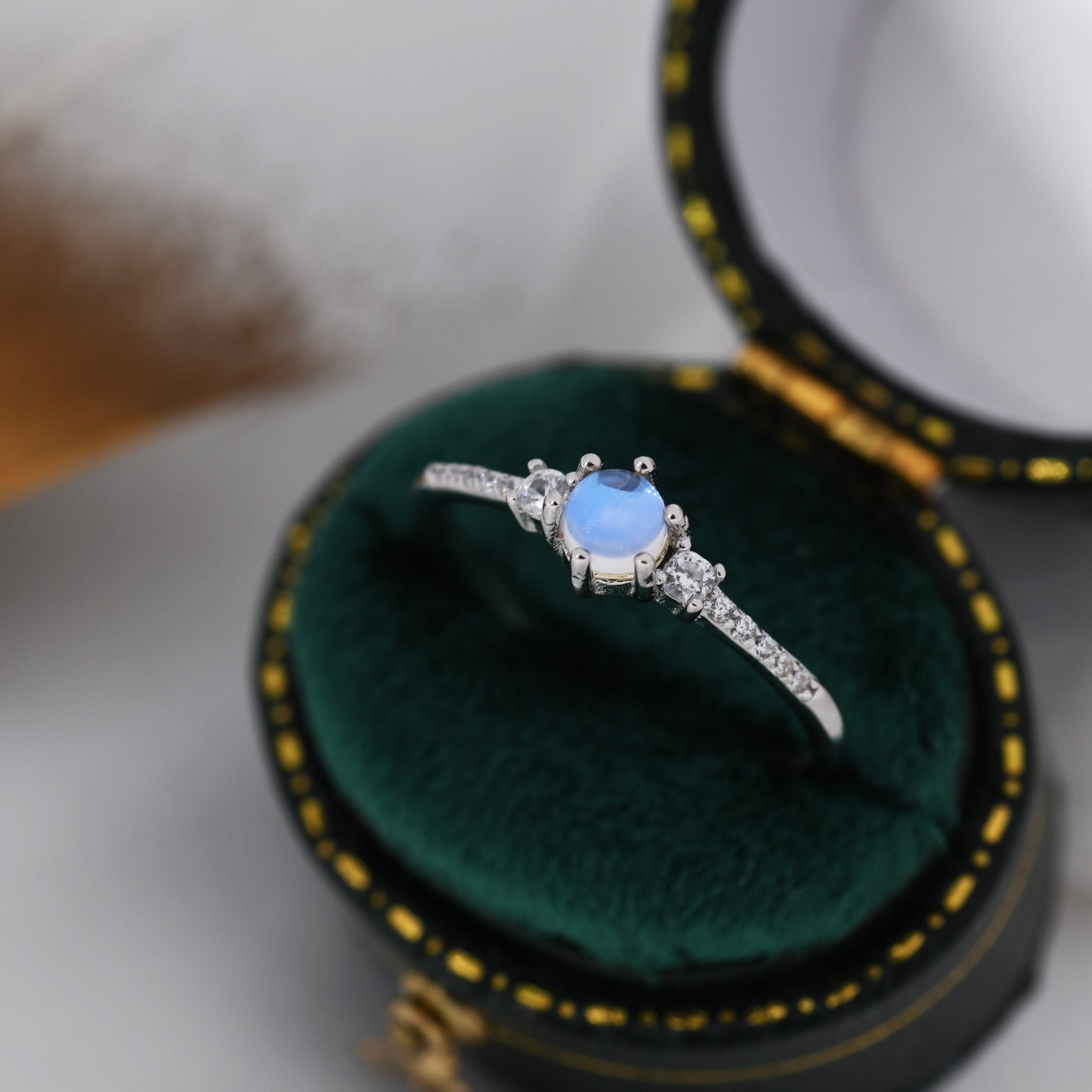 Sterling Silver Simulated Moonstone Ring with CZ Crystals, Stacking Ring, Silver Skinny Ring, Size US 5-8