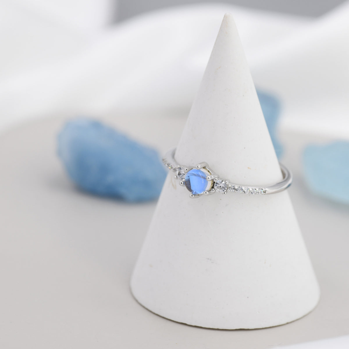 Sterling Silver Simulated Moonstone Ring with CZ Crystals, Stacking Ring, Silver Skinny Ring, Size US 5-8