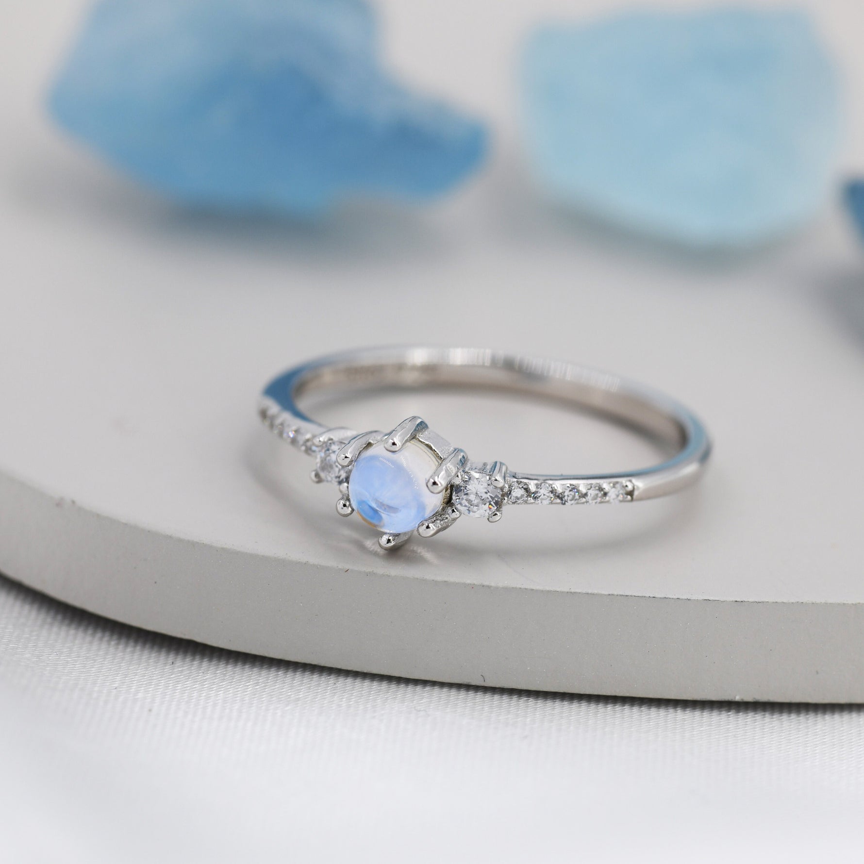 Sterling Silver Simulated Moonstone Ring with CZ Crystals, Stacking Ring, Silver Skinny Ring, Size US 5-8