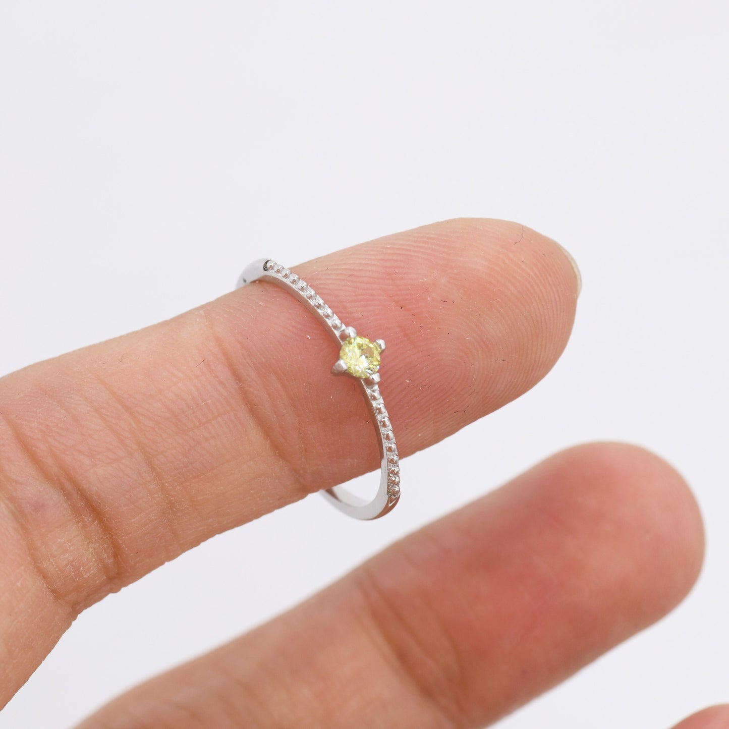 Peridot Green CZ Ring in Sterling Silver, Silver or Gold, Delicate Stacking Ring,  Green CZ Skinny Band, Size US 6 - 8, August Birthstone