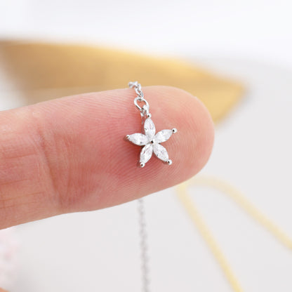 CZ Flower Threader Earrings in Sterling Silver, Silver or Gold, Forget-me-not Floral Ear Threaders, Sparkly CZ Threaders