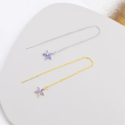 Amethyst Purple CZ Flower Threader Earrings in Sterling Silver, Silver or Gold, Forget-me-not Floral Ear Threaders, Sparkly CZ Threaders