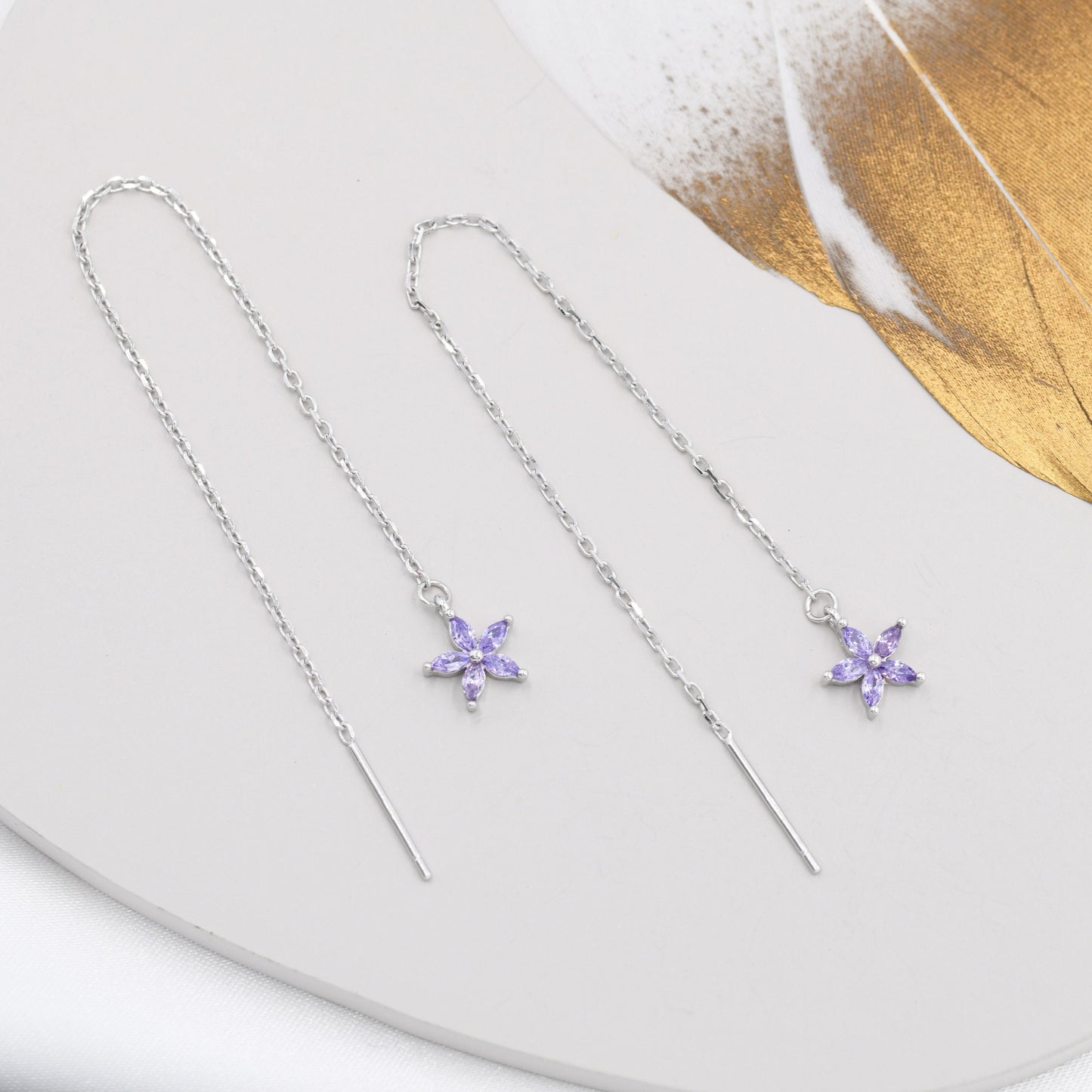 Amethyst Purple CZ Flower Threader Earrings in Sterling Silver, Silver or Gold, Forget-me-not Floral Ear Threaders, Sparkly CZ Threaders