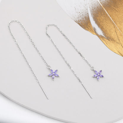 Amethyst Purple CZ Flower Threader Earrings in Sterling Silver, Silver or Gold, Forget-me-not Floral Ear Threaders, Sparkly CZ Threaders