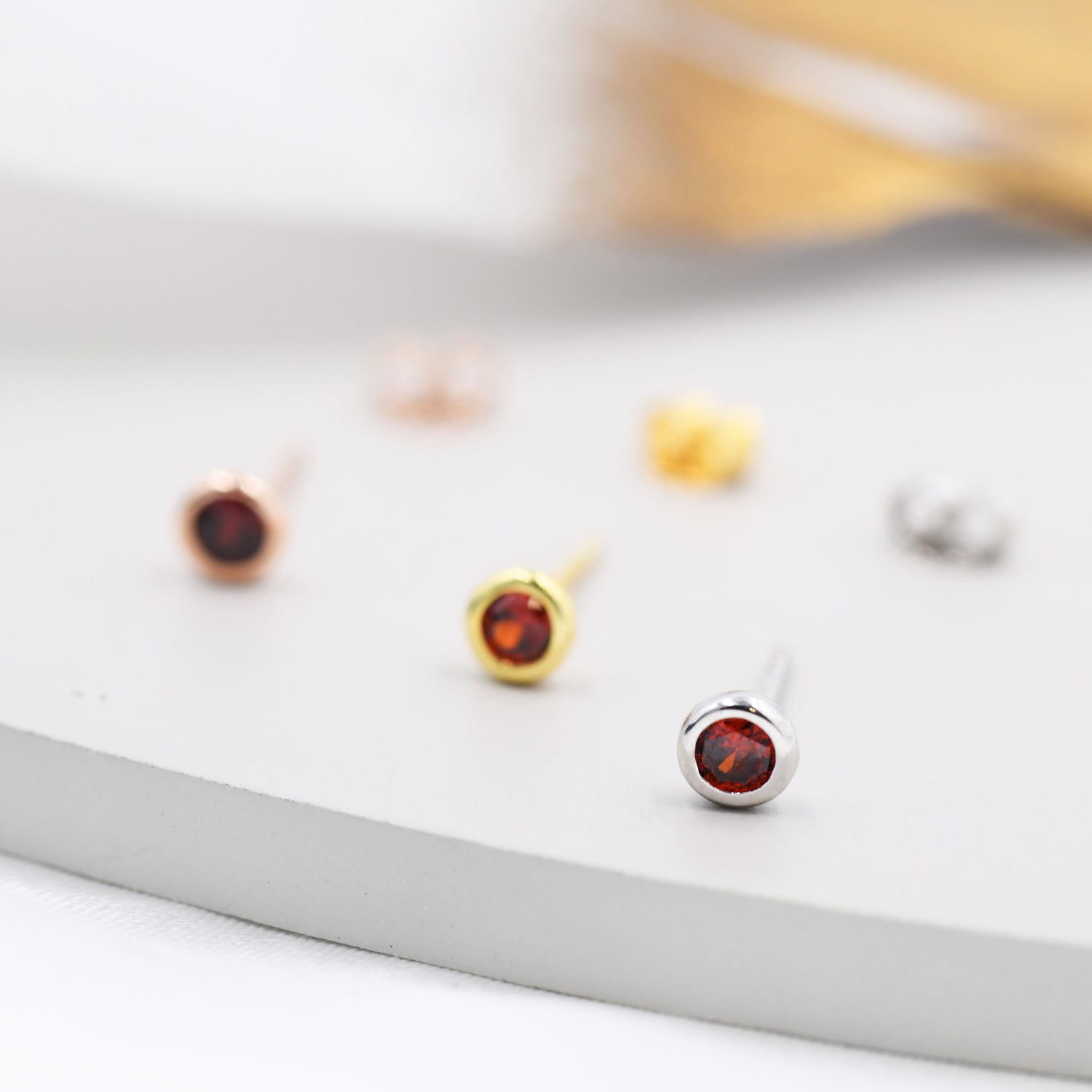 Sterling Silver Garnet Red Stud Earrings,  4mm January Birthstone CZ Earrings, Silver, Gold or Rose Gold, Stacking Earrings