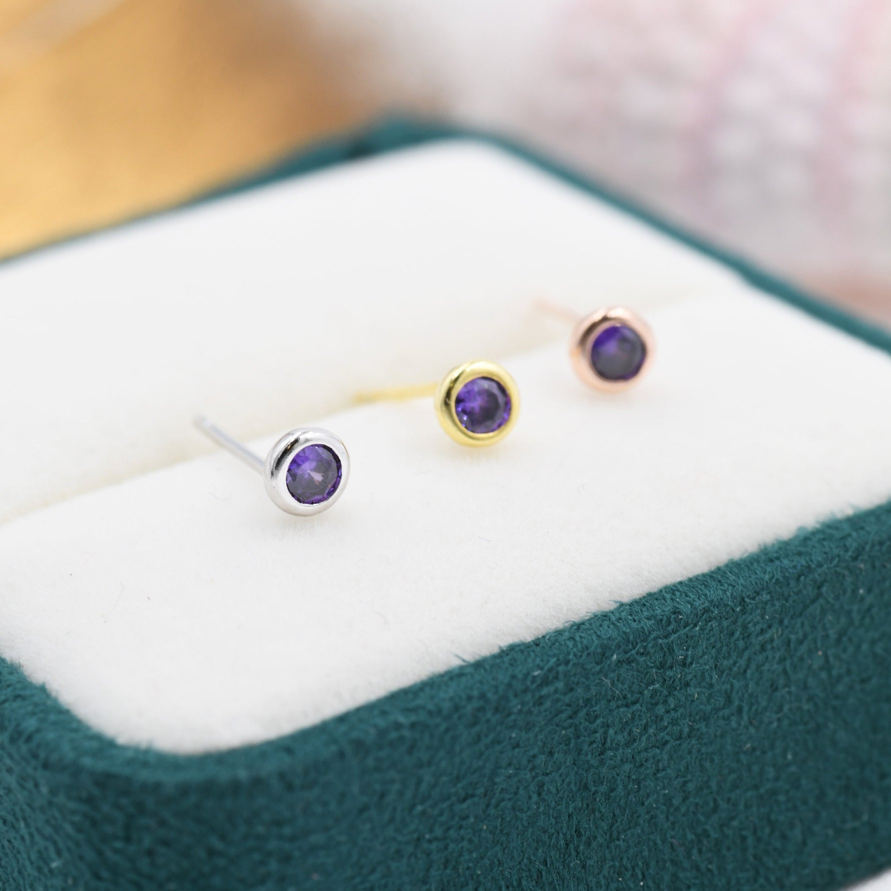 Sterling Silver Amethyst Purple Stud Earrings, 4mm February Birthstone CZ Earrings, Silver, Gold or Rose Gold, Stacking Earrings