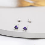 Sterling Silver Amethyst Purple Stud Earrings, 4mm February Birthstone CZ Earrings, Silver, Gold or Rose Gold, Stacking Earrings