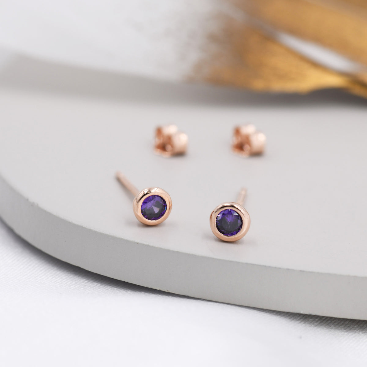 Sterling Silver Amethyst Purple Stud Earrings, 4mm February Birthstone CZ Earrings, Silver, Gold or Rose Gold, Stacking Earrings