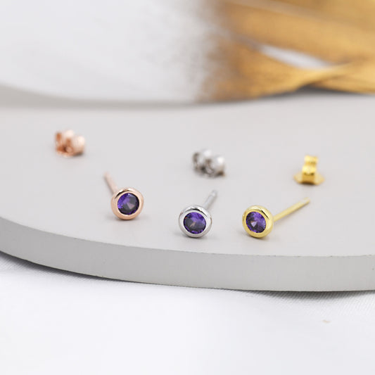 Sterling Silver Amethyst Purple Stud Earrings, 4mm February Birthstone CZ Earrings, Silver, Gold or Rose Gold, Stacking Earrings