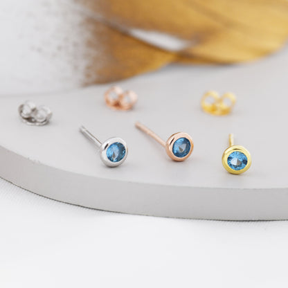 Sterling Silver Aquamarine Blue CZ Stud Earrings,  4mm March Birthstone CZ Earrings, Silver, Gold or Rose Gold, Stacking Earrings