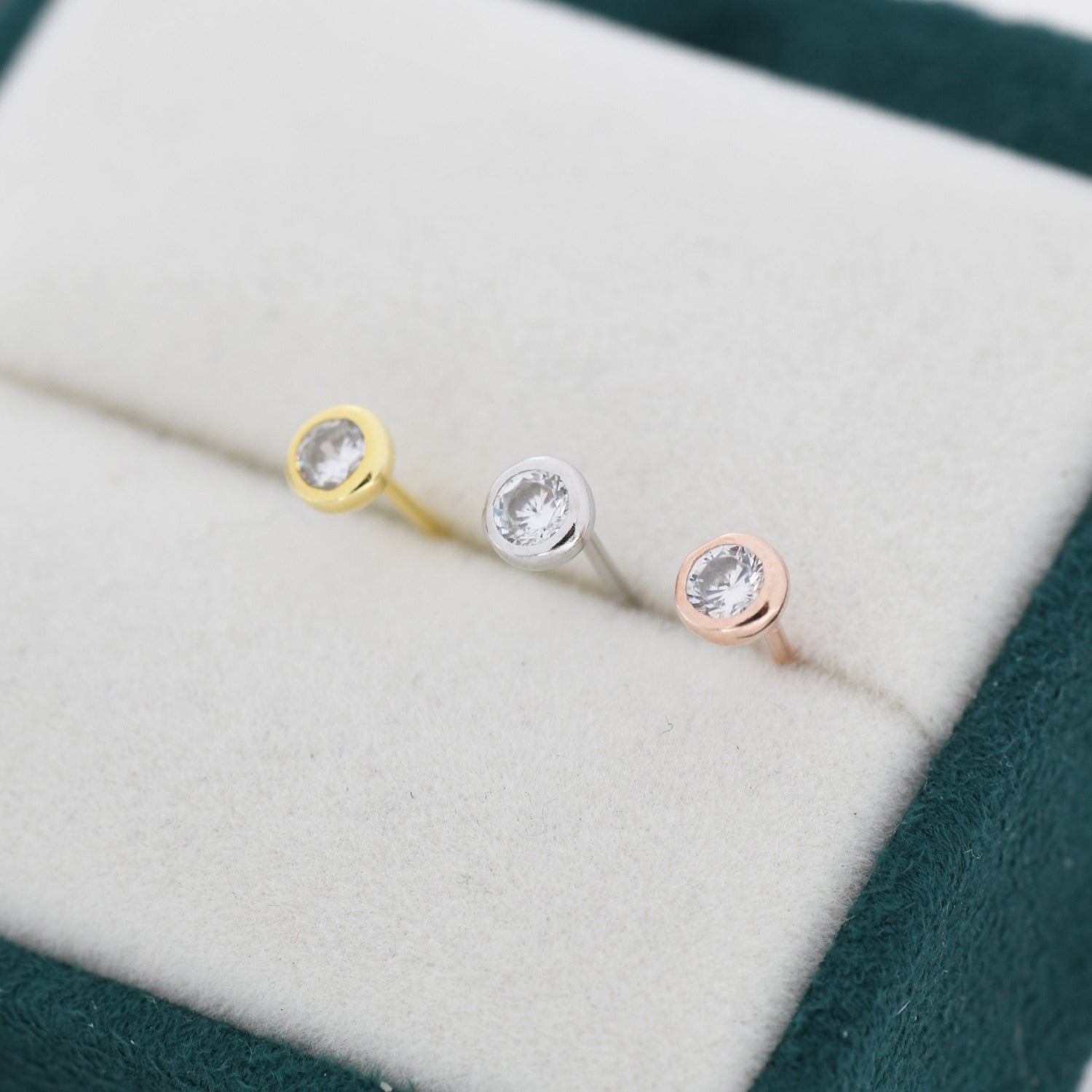 Sterling Silver Diamond CZ Stud Earrings, 4mm April Birthstone CZ Earrings, Silver, Gold or Rose Gold, Stacking Earrings