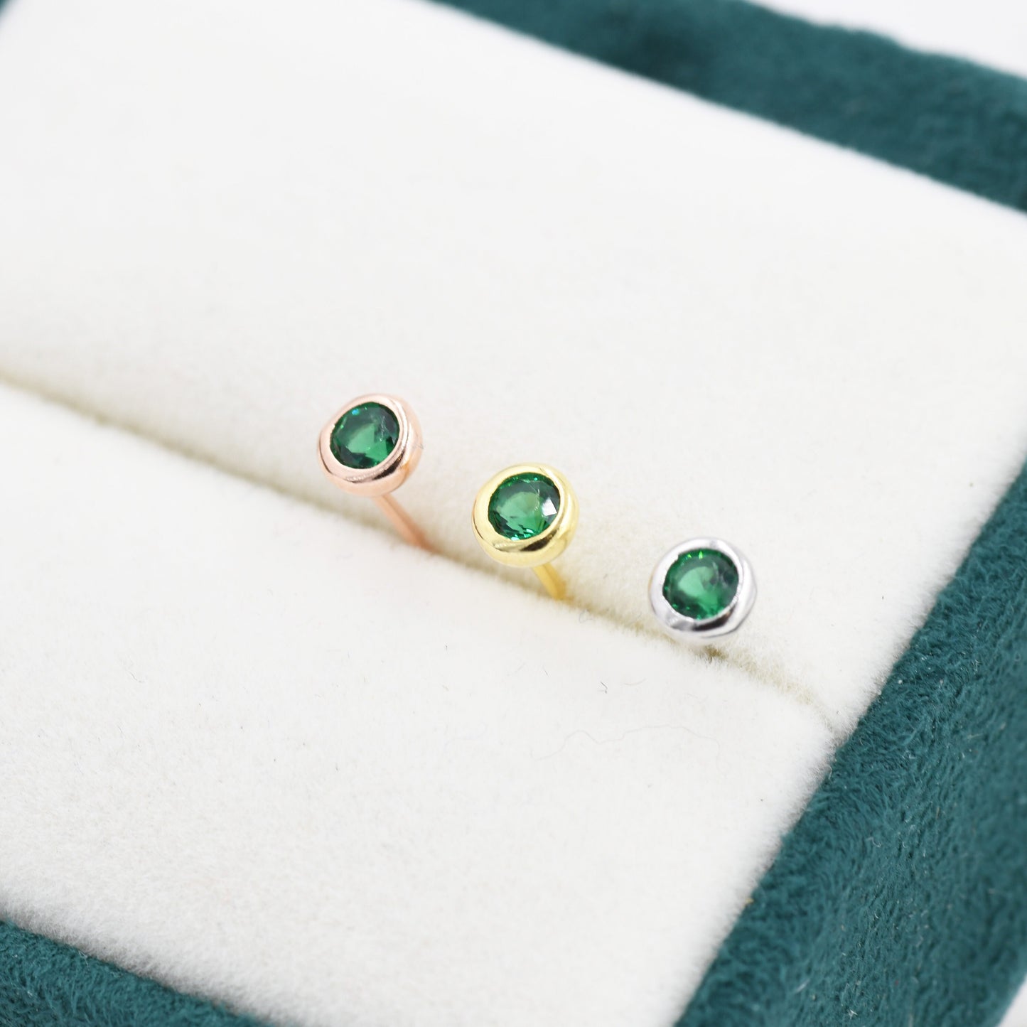 Sterling Silver Emerald Green CZ Stud Earrings,  4mm May Birthstone CZ Earrings, Silver, Gold or Rose Gold, Stacking Earrings