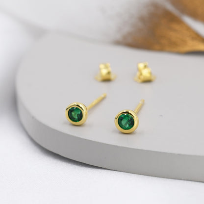 Sterling Silver Emerald Green CZ Stud Earrings,  4mm May Birthstone CZ Earrings, Silver, Gold or Rose Gold, Stacking Earrings