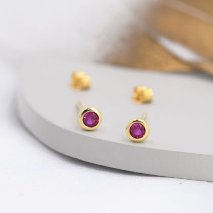 Sterling Silver Ruby Red CZ Stud Earrings,  4mm July Birthstone CZ Earrings, Silver, Gold or Rose Gold, Stacking Earrings