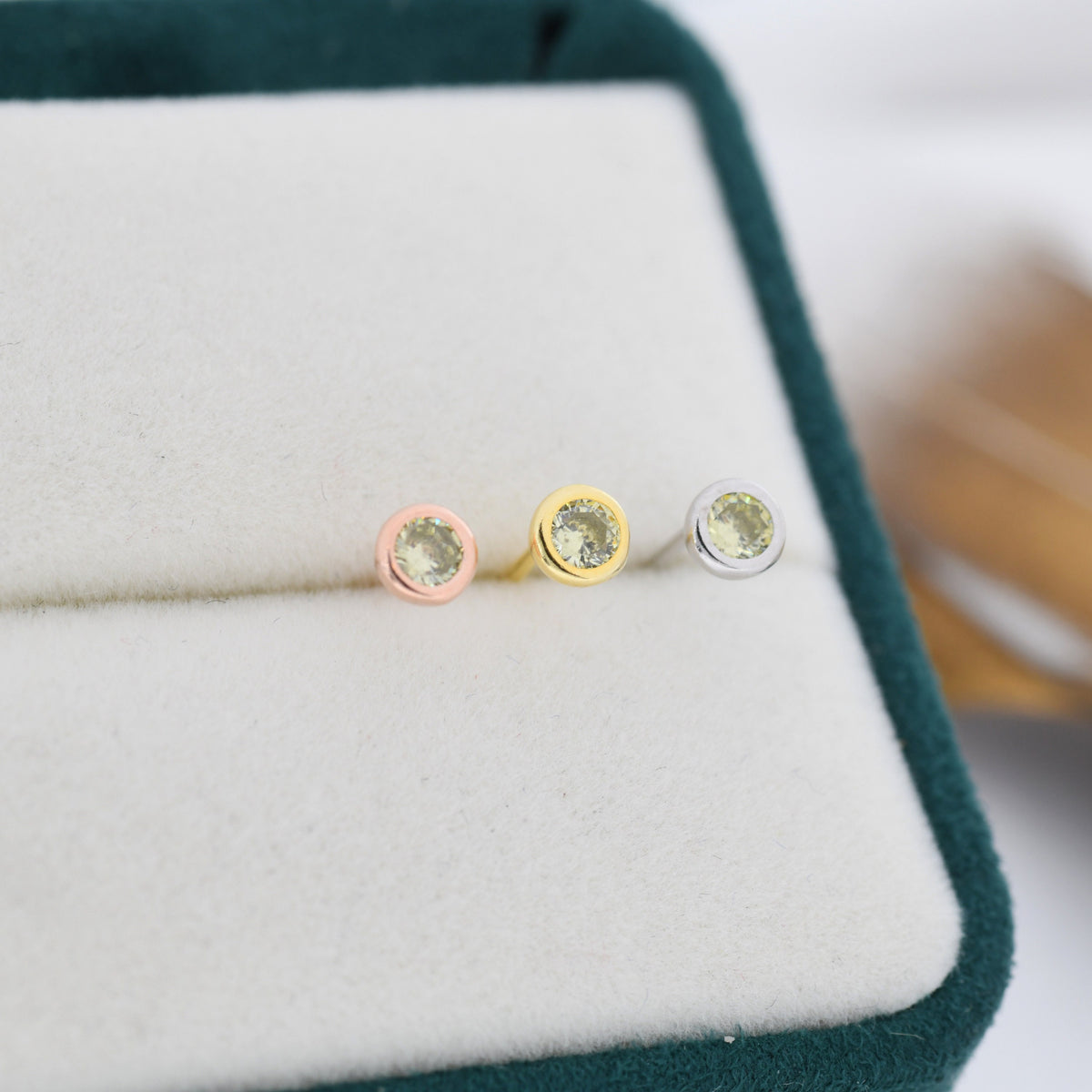 Sterling Silver Peridot Green CZ Stud Earrings, 4mm August Birthstone CZ Earrings, Silver, Gold or Rose Gold, Stacking Earrings