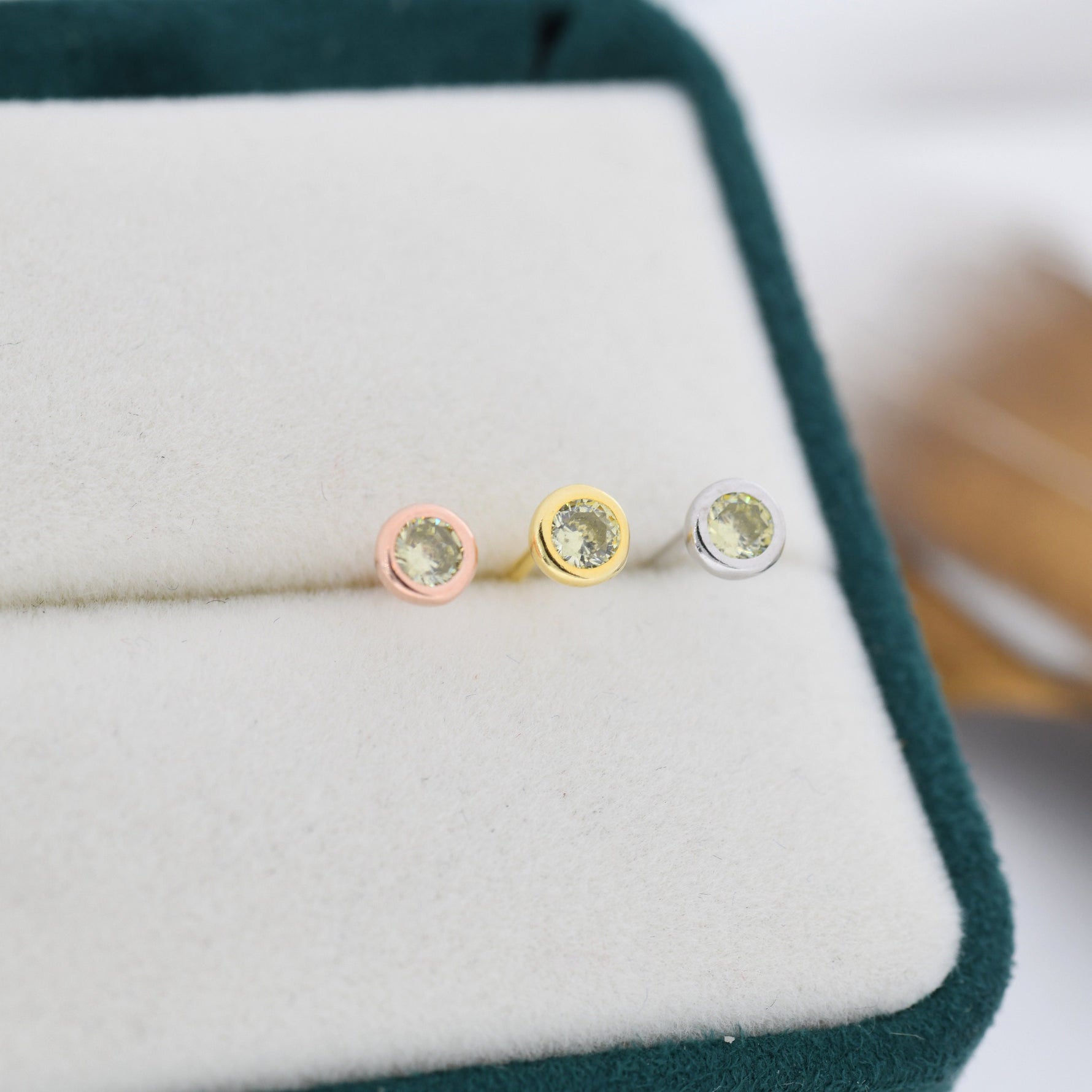 Sterling Silver Peridot Green CZ Stud Earrings, 4mm August Birthstone CZ Earrings, Silver, Gold or Rose Gold, Stacking Earrings