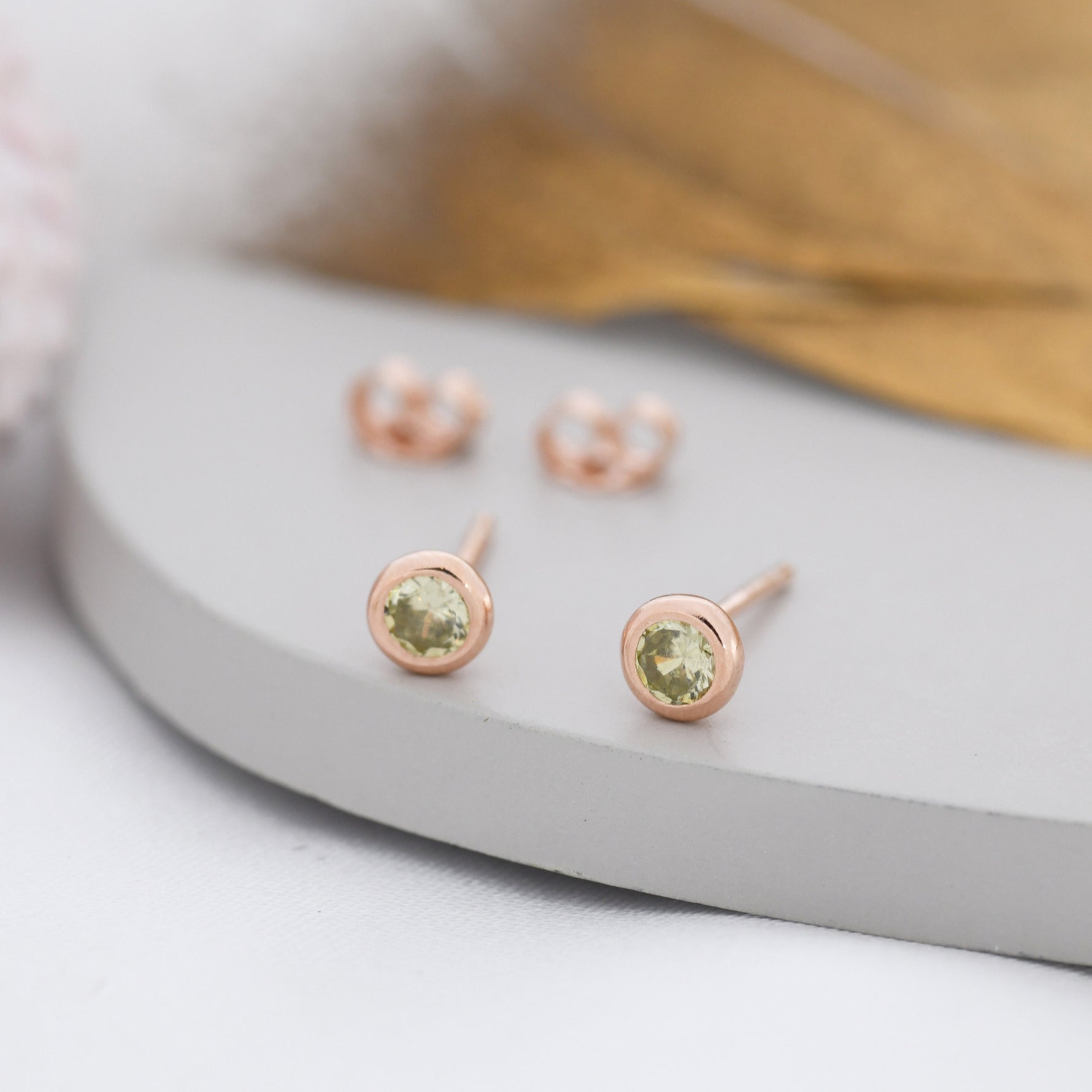 Sterling Silver Peridot Green CZ Stud Earrings, 4mm August Birthstone CZ Earrings, Silver, Gold or Rose Gold, Stacking Earrings