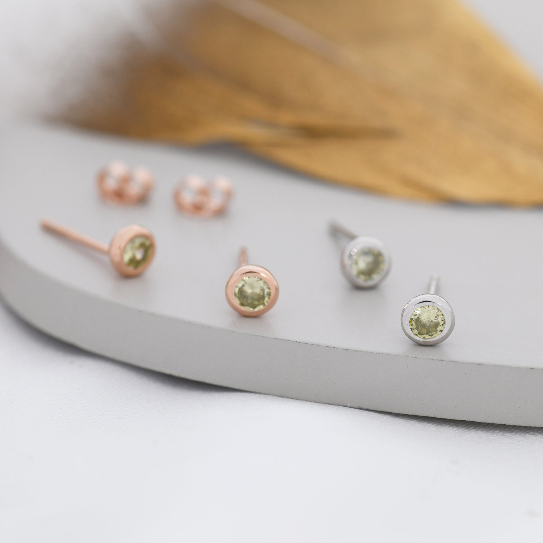 Sterling Silver Peridot Green CZ Stud Earrings, 4mm August Birthstone CZ Earrings, Silver, Gold or Rose Gold, Stacking Earrings