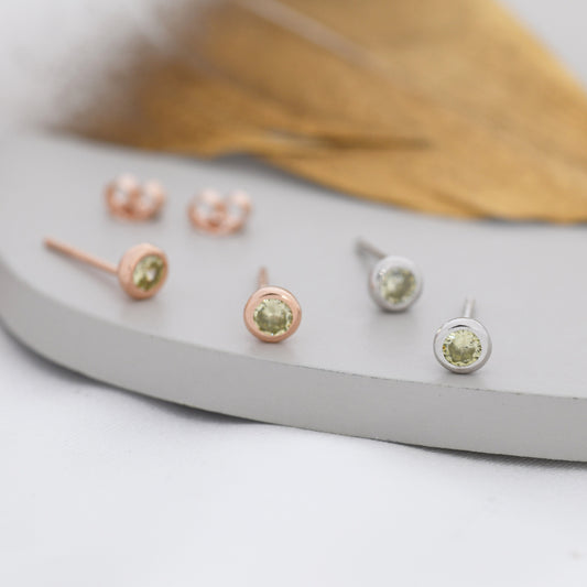 Sterling Silver Peridot Green CZ Stud Earrings, 4mm August Birthstone CZ Earrings, Silver, Gold or Rose Gold, Stacking Earrings