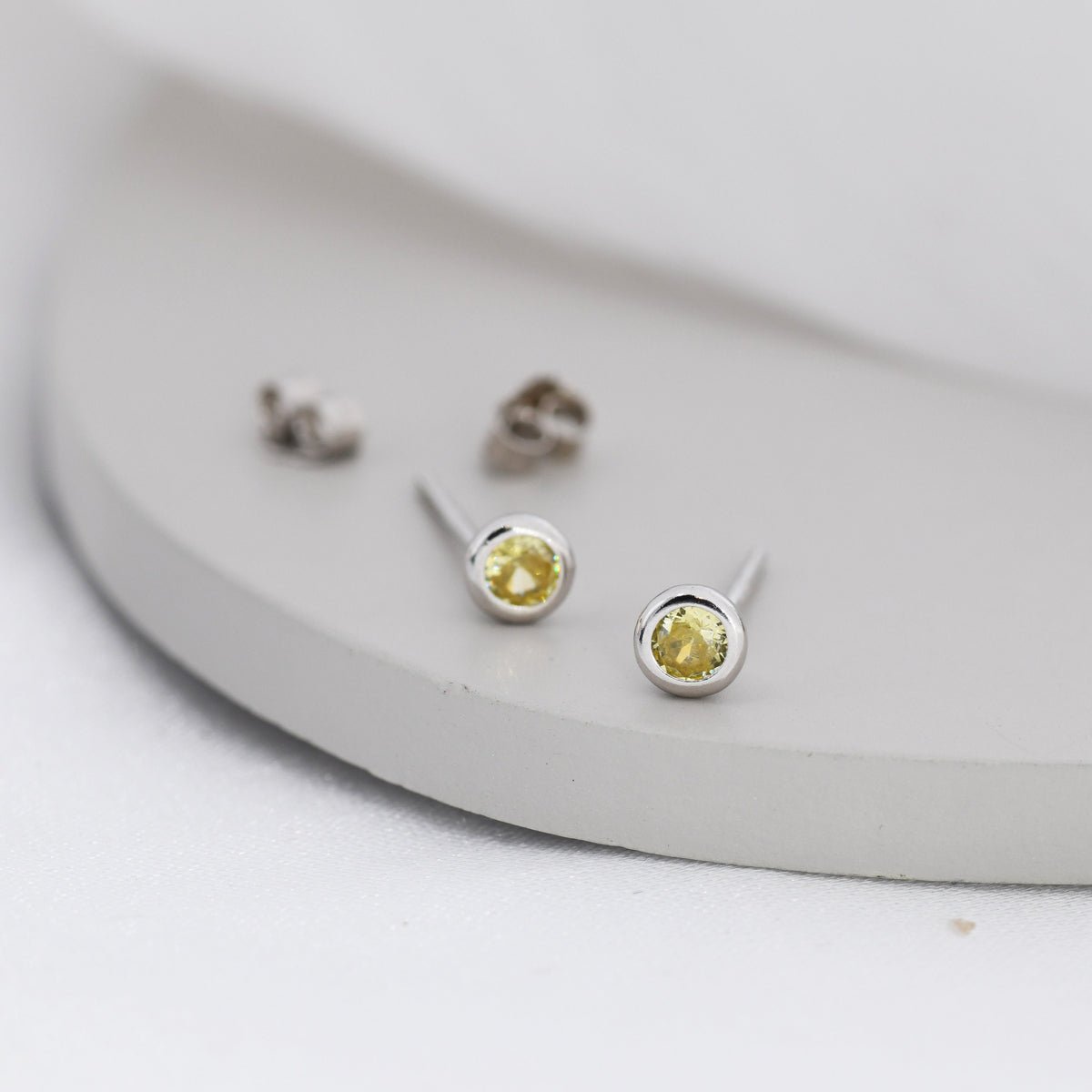 Sterling Silver Citrine Yellow CZ Stud Earrings, 4mm November Birthstone CZ Earrings, Silver, Gold or Rose Gold, Stacking Earrings